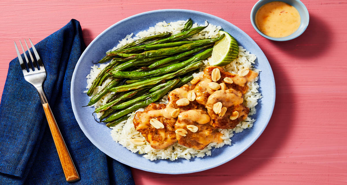 Thai Chili Coconut Smashed Beef Patties with Zesty Rice, Roasted Green Beans & Peanuts