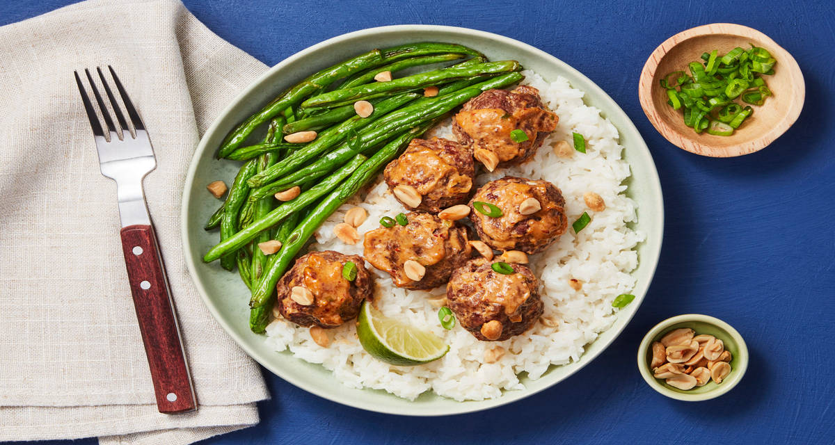 Thai Coconut Pork Meatballs with Sweet Rice & Roasted Green Beans