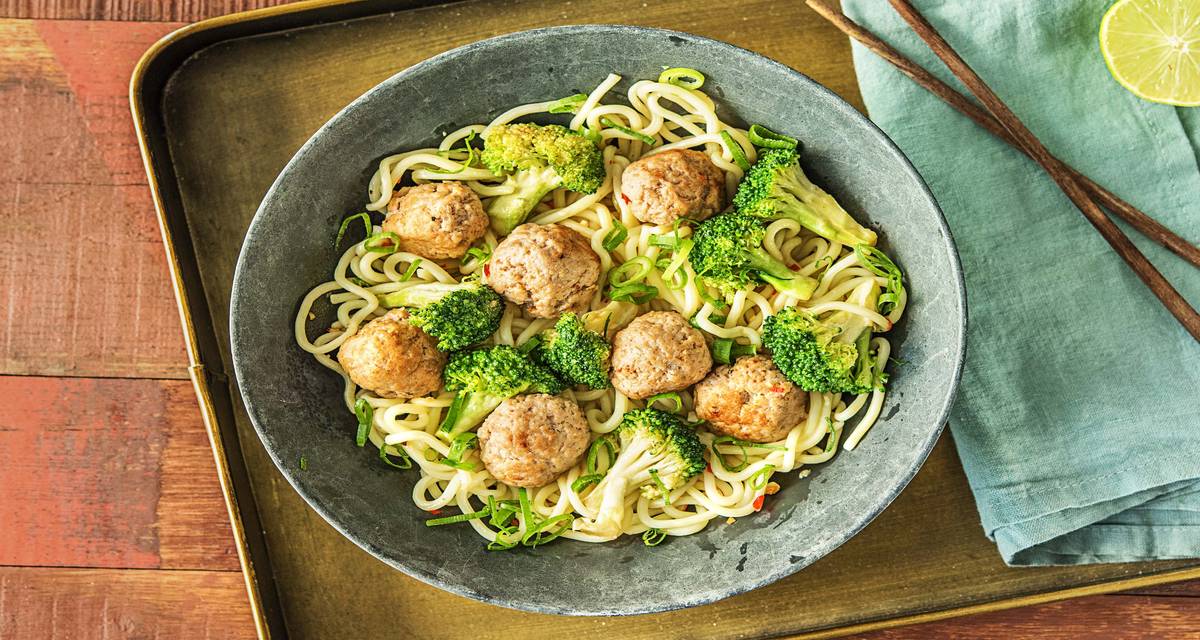 Thai-Spiced Pork Meatballs with Yakisoba Noodles and Broccoli