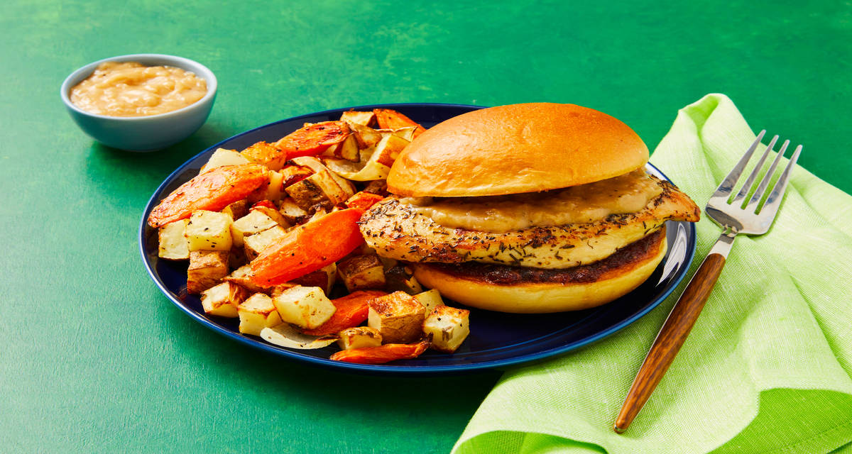 Thanksgiving Anytime Chicken Sandos with Gravy, Cranberry Sauce & Potato-Carrot Jumble