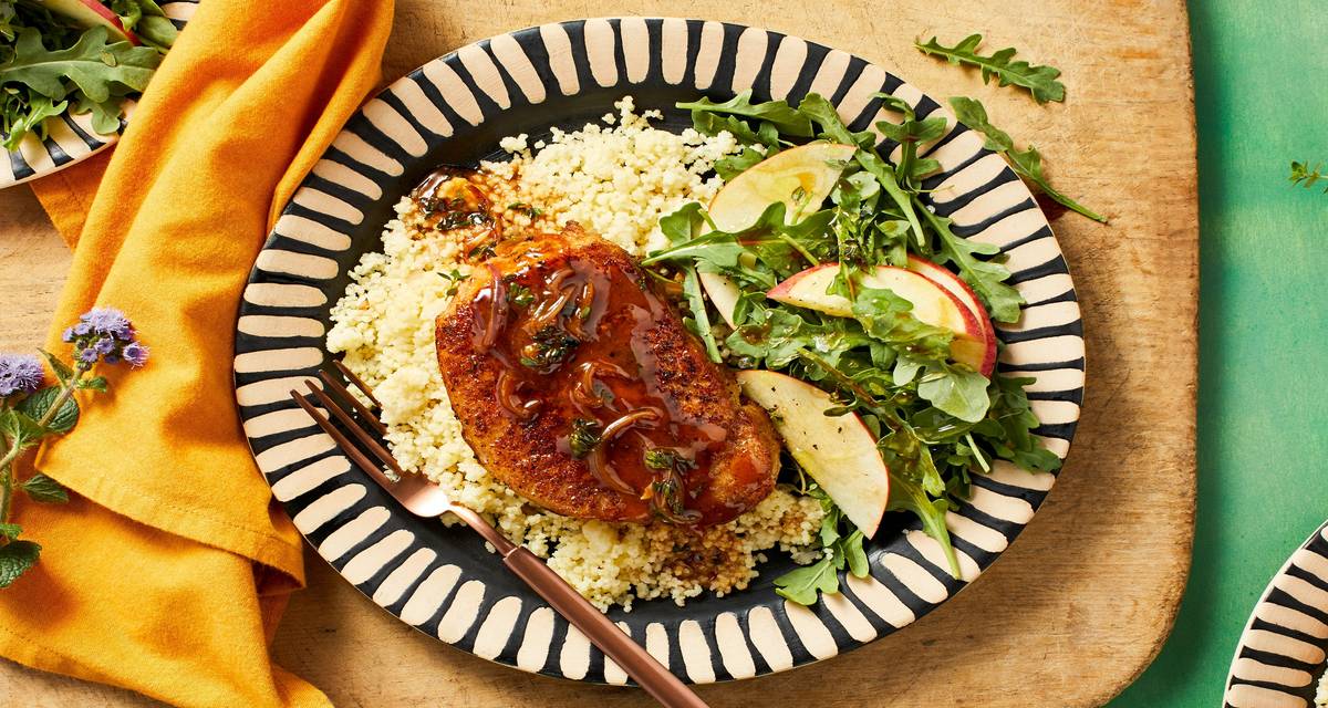 Thyme and Honey Pork Chops over Couscous with a Apple Arugula Salad