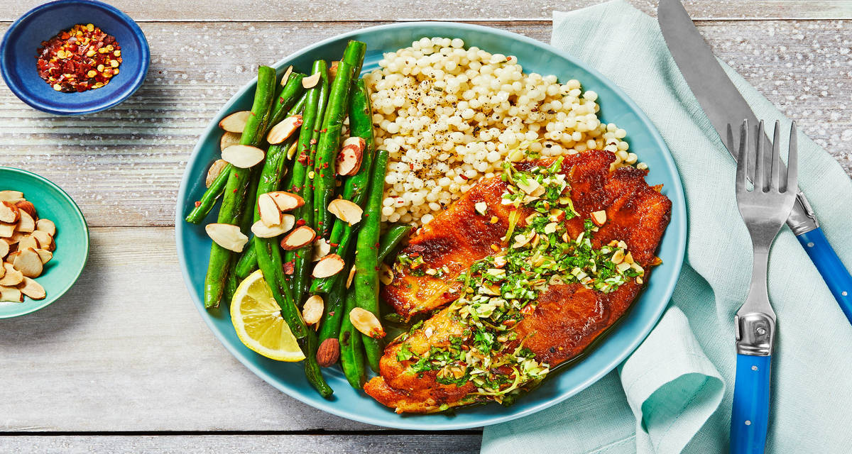 Tilapia with Almond-Parsley Gremolata plus Green Beans Amandine & Garlic Herb Couscous