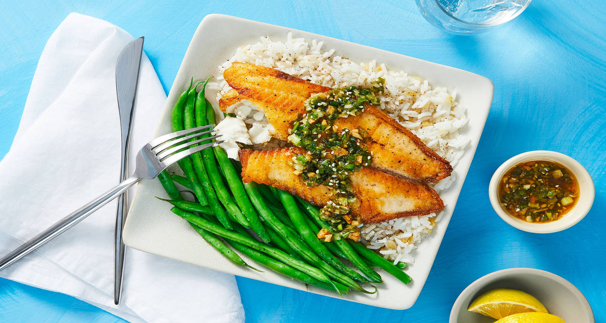 Tilapia with Scallion Sriracha Pesto over Ginger Rice with Green Beans