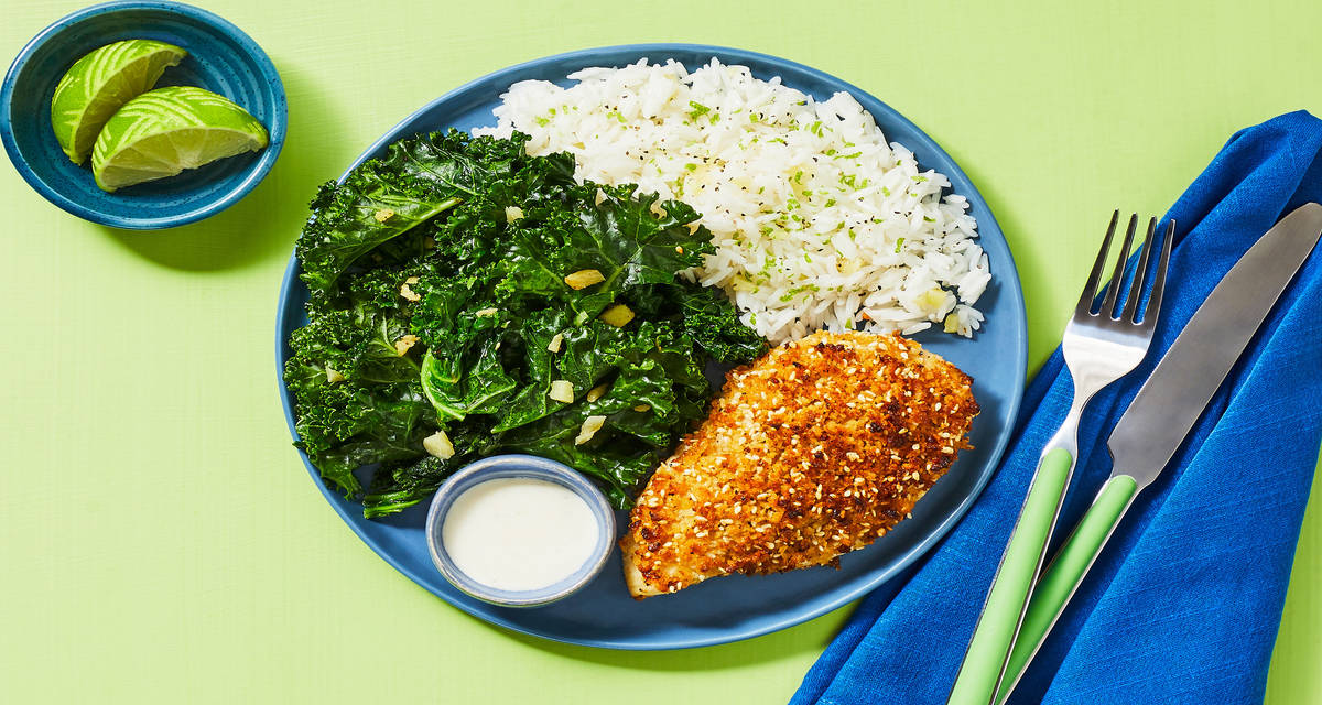 Toasted Sesame-Panko Chicken with Garlicky Kale, Ginger-Lime Rice & Creamy Wasabi Sauce