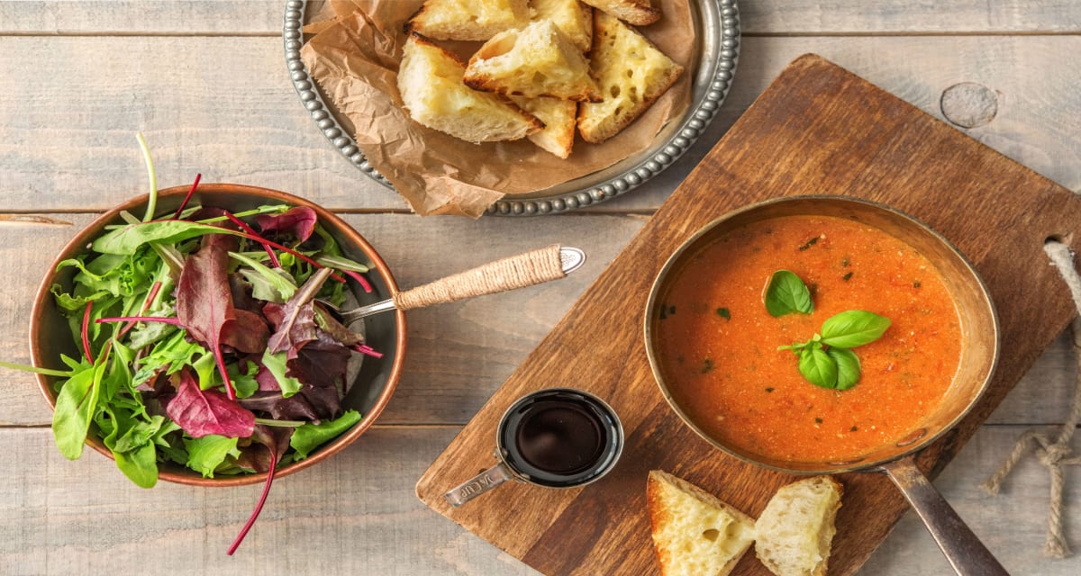Tomato Bisque with Cheesy Toasts and Balsamic Greens-image