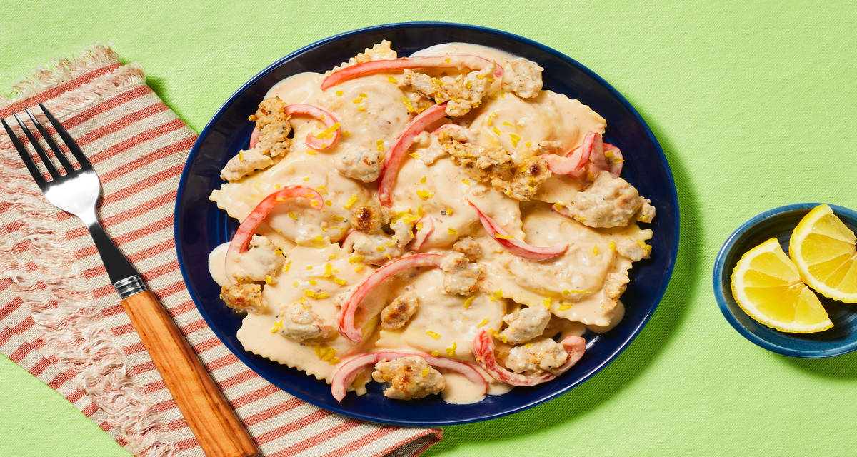 Tomato & Ricotta Stuffed Ravioli with Creamy Chicken Sausage