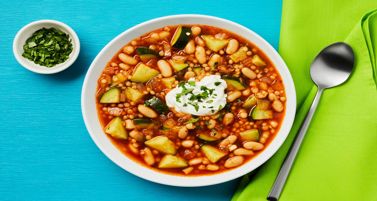 Tomato, White Bean & Couscous Soup with Parsley & Crème Fraîche