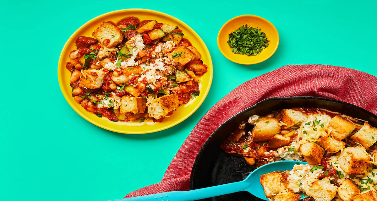 One-Pan Tomato & Bean Skillet Italiano With Zucchini, Ricotta & Parmesan Croutons