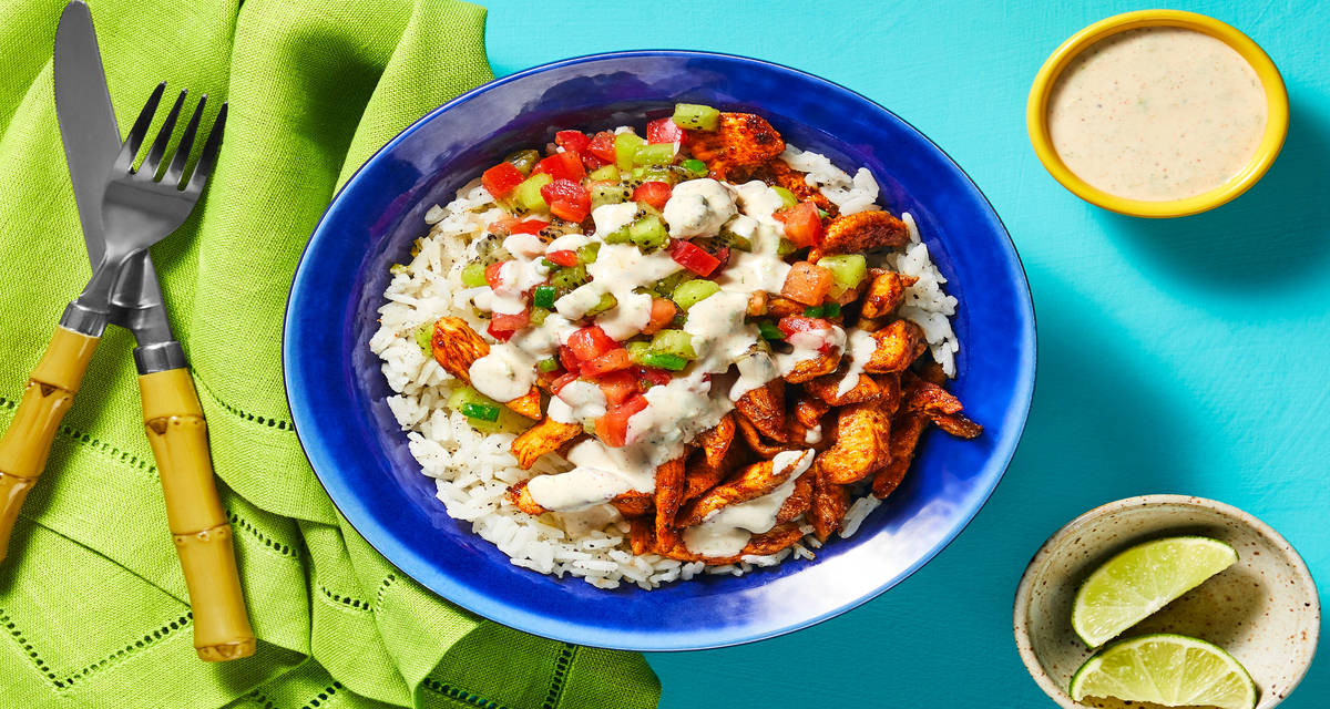 Surf’s Up Chicken & Rice Bowls with Kiwi Salsa & Chipotle Lime Crema
