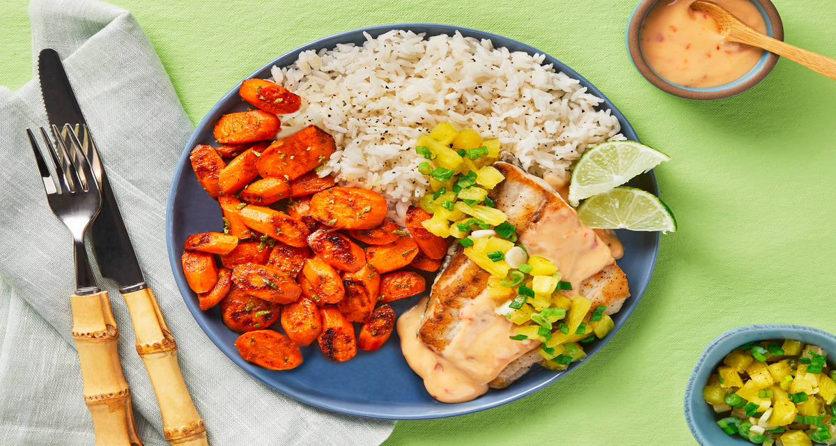 Tropical Sunset Barramundi with Pineapple Scallion Salsa, Coconut Rice & Lime Roasted Carrots
