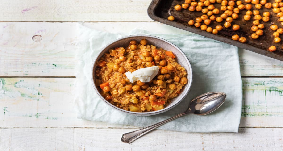 Tunisian Freekeh Stew with Roasted Chickpeas and Greek Yogurt