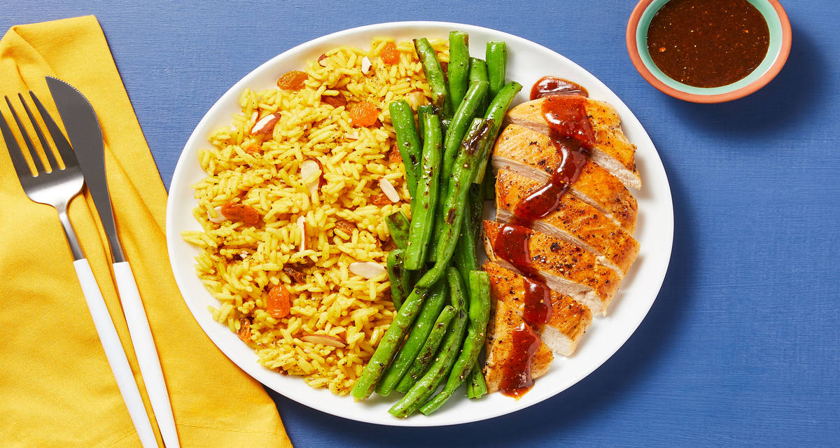 Tunisian-Spiced Chicken with Apricot Sauce, Green Beans & Golden Rice Pilaf