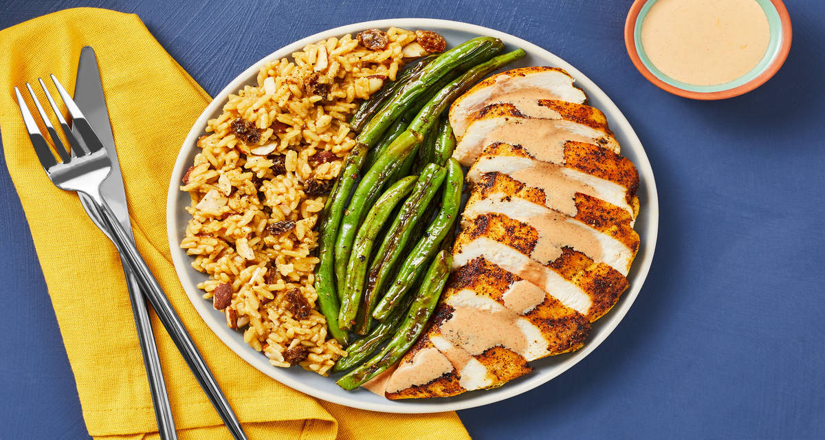Tunisian-Spiced Chicken with Golden Rice Pilaf, Green Beans & Creamy Paprika Sauce