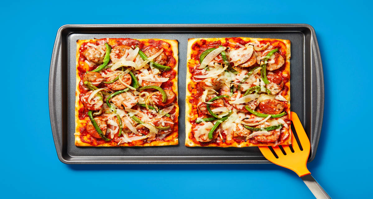 Turkey Meatball, Pepper & Onion Flatbreads made with Pre-Cooked Turkey Meatballs