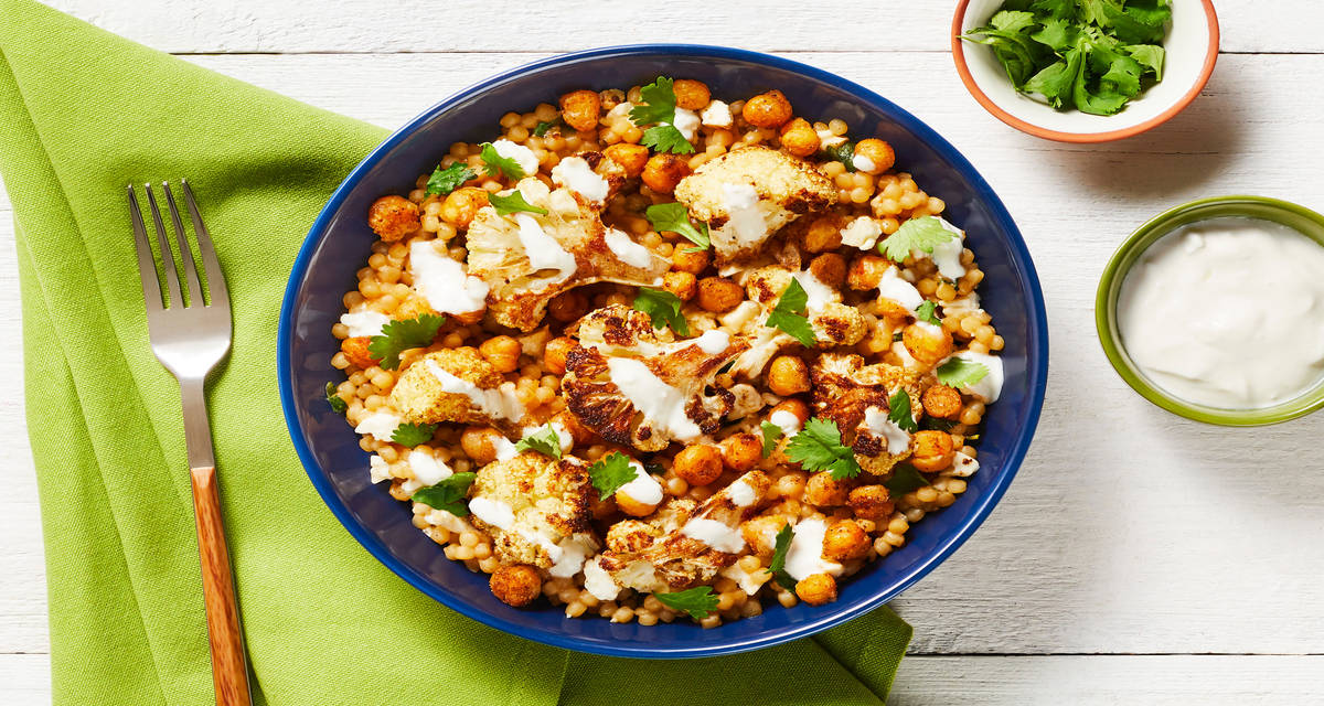 Turkish Chickpea & Cauliflower Bowls with Cilantro Couscous & Creamy Feta Sauce