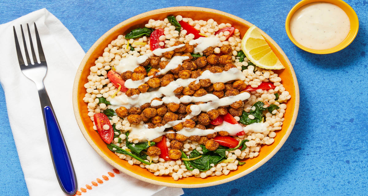 Turkish-Spiced Chickpea Couscous Bowls with Spinach, Tomato & Lemony Yogurt Sauce