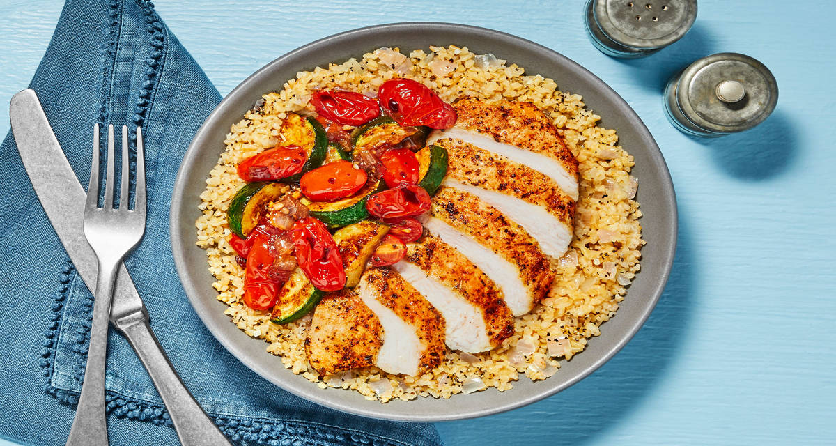 Tuscan Chicken over Bulgur Pilaf with Balsamic Zucchini & Tomatoes