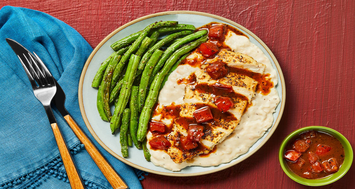 Tuscan Chicken with Balsamic Tomato Sauce with Mashed Cannellini Beans & Roasted Green Beans