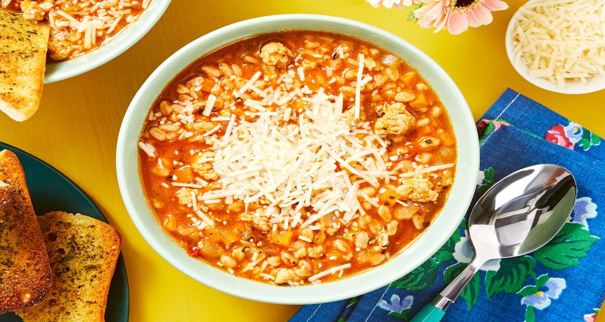 Tuscan Sausage and Farro Soup with Herb Butter Toasts