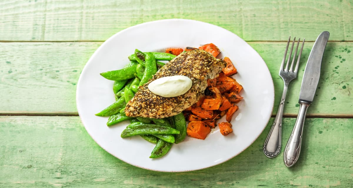 Dukkah-Crusted Chicken with Sweet Potatoes and Snap Peas-image