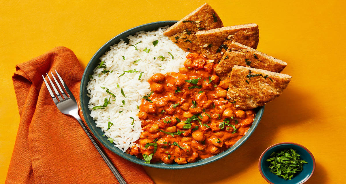Vegan Chickpea Coconut Curry with Basmati Rice & Garlicky Pita Wedges