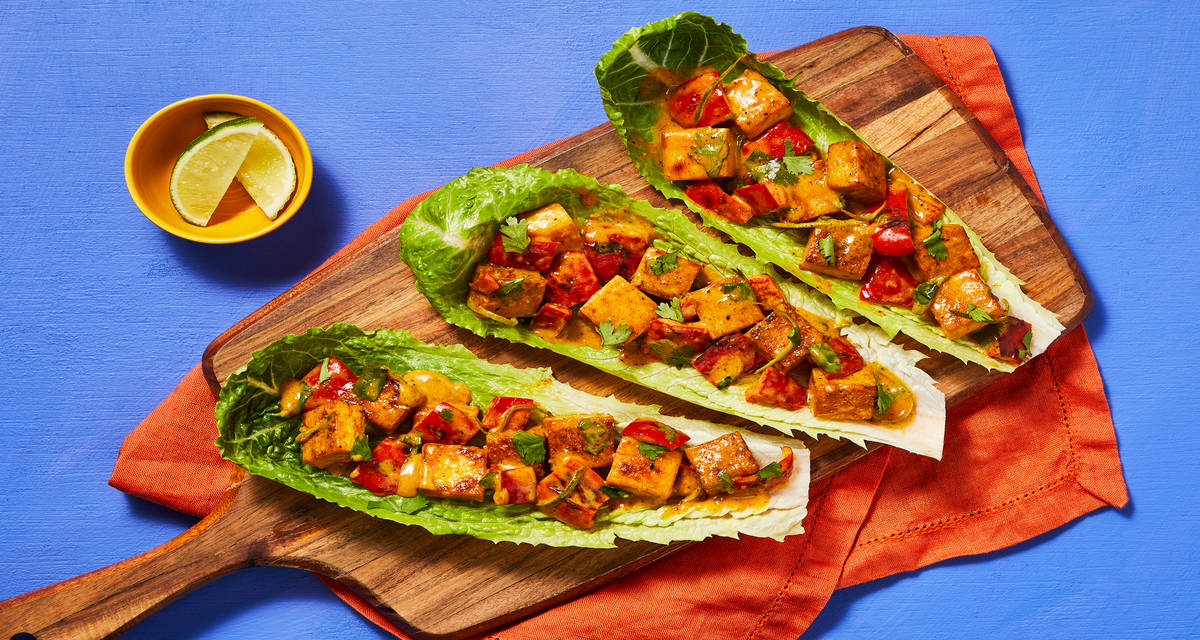 Vegan Coconut Curry Tofu Lettuce Wraps with Bell Pepper, Cilantro & Lime