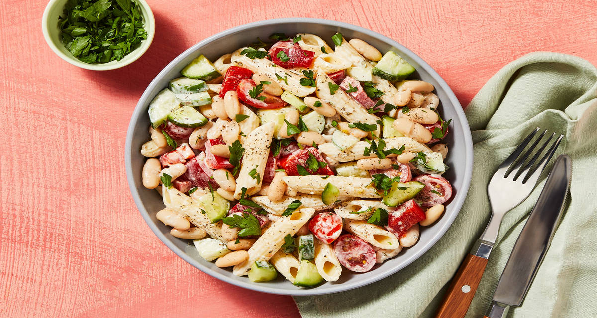 Vegan Greek-Style Pasta & Bean Salad with Grape Tomatoes, Cucumber & Parsley