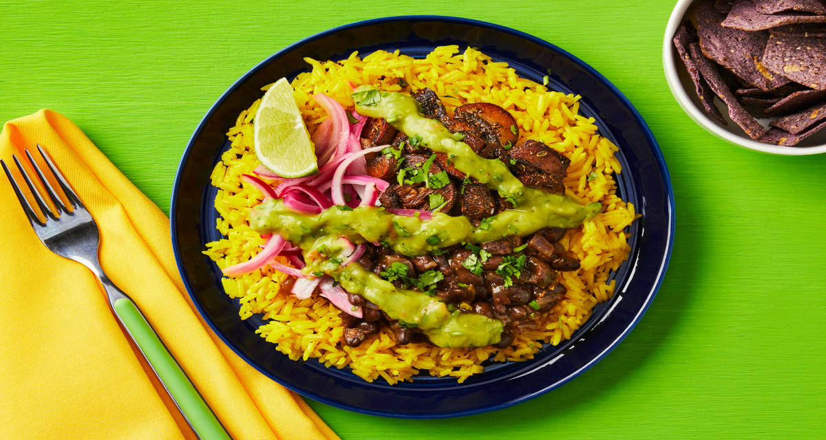 Vegan Guac Lover’s Burrito Bowl with Brown Rice, Black Beans & Spiced Mushrooms