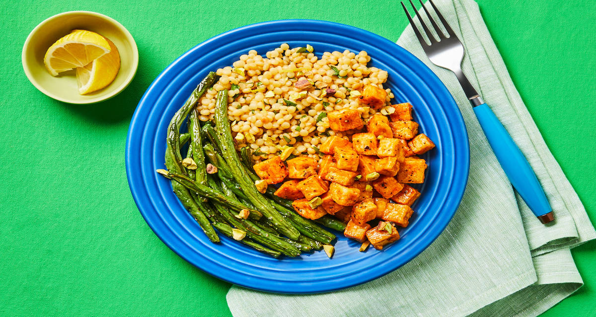 Vegan Harissa Apricot–Glazed Tofu with Green Beans, Lemon Cilantro Couscous & Pistachios
