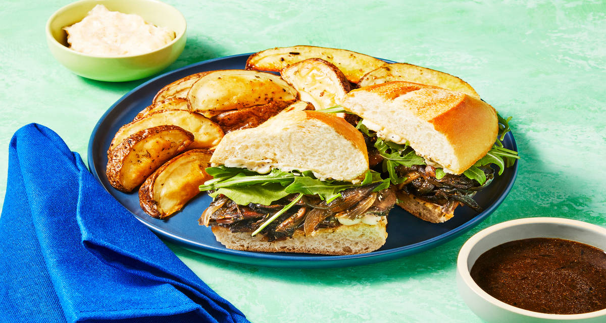 Vegan Mushroom French Dip Sandwiches with Arugula, Herby Potatoes, Aïoli & Au Jus