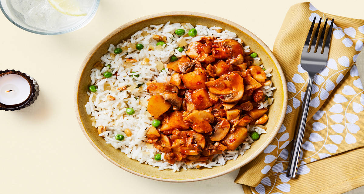 Vegan Mushroom & Potato Curry Bowls with Pea-Studded Rice from Chef Sahni