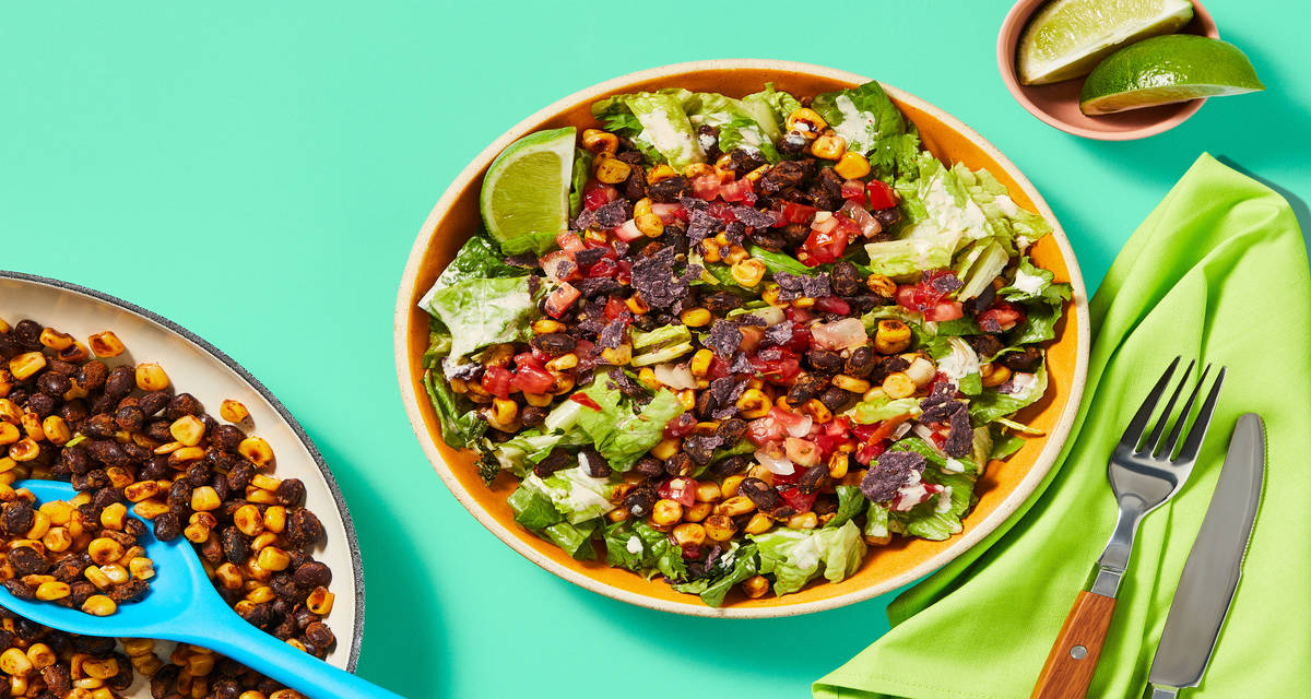 Vegan One-Pan Corn & Bean Taco Salad with Pico de Gallo & Creamy Lime Dressing