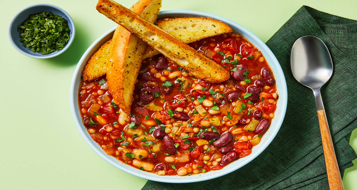 Vegan Pearl Pasta & Bean Soup with Garlicky Breadsticks & Parsley
