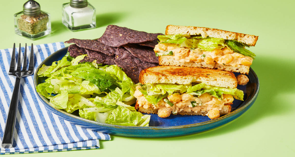 Vegan Spicy Buffalo Chickpea Sandwiches with Blue Corn Tortilla Chips & Green Salad