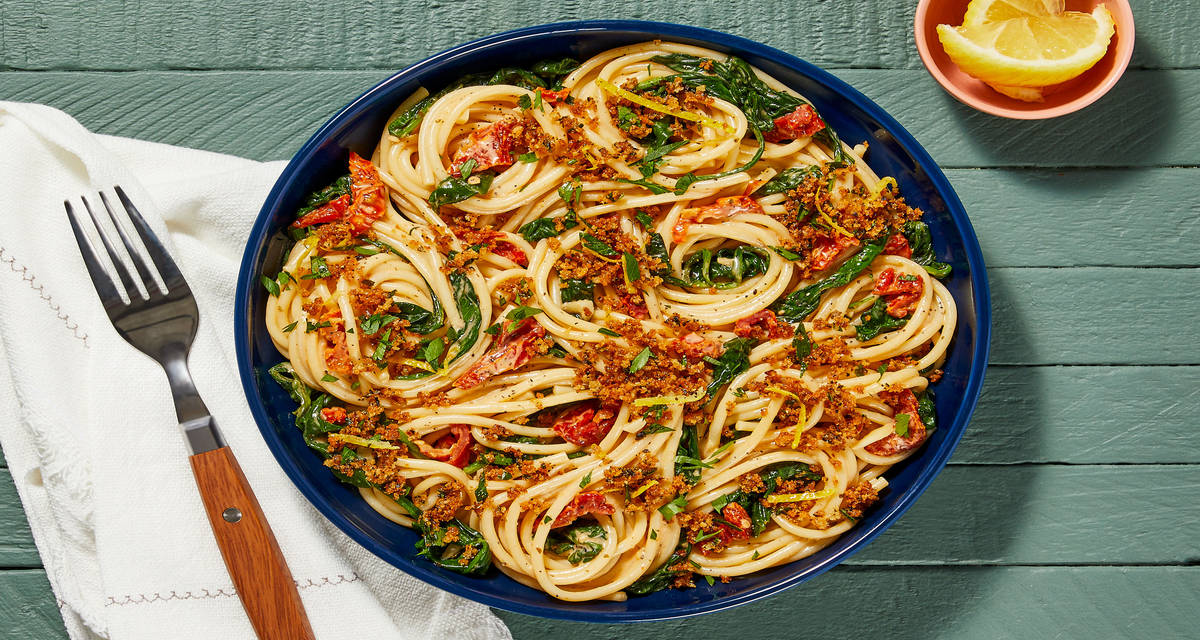 Vegan Sun-Dried Tomato & Spinach Pasta with Lemony Toasted Breadcrumbs & Parsley