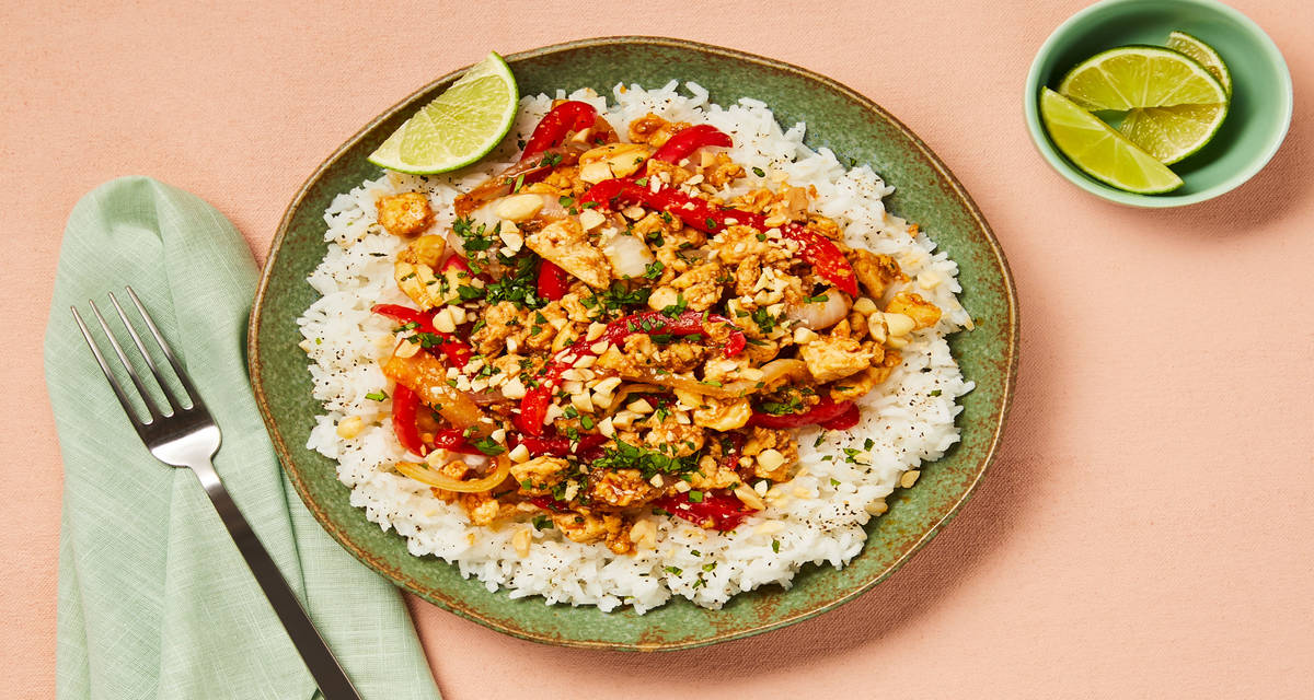 Vegan Sweet Chili Tofu Bowls with Zesty Rice, Bell Pepper & Peanuts
