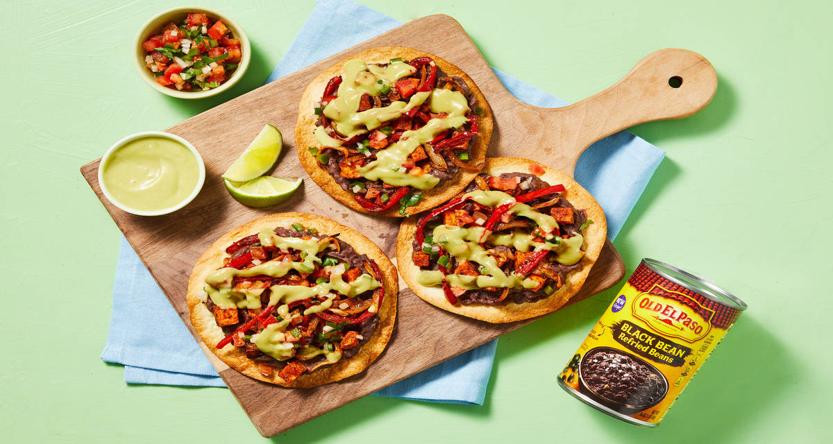 Turkey, Sweet Potato, & Black Bean Tostadas with Old El Paso™ Refried Black Beans, Bell Pepper, Salsa & Creamy Guacamole