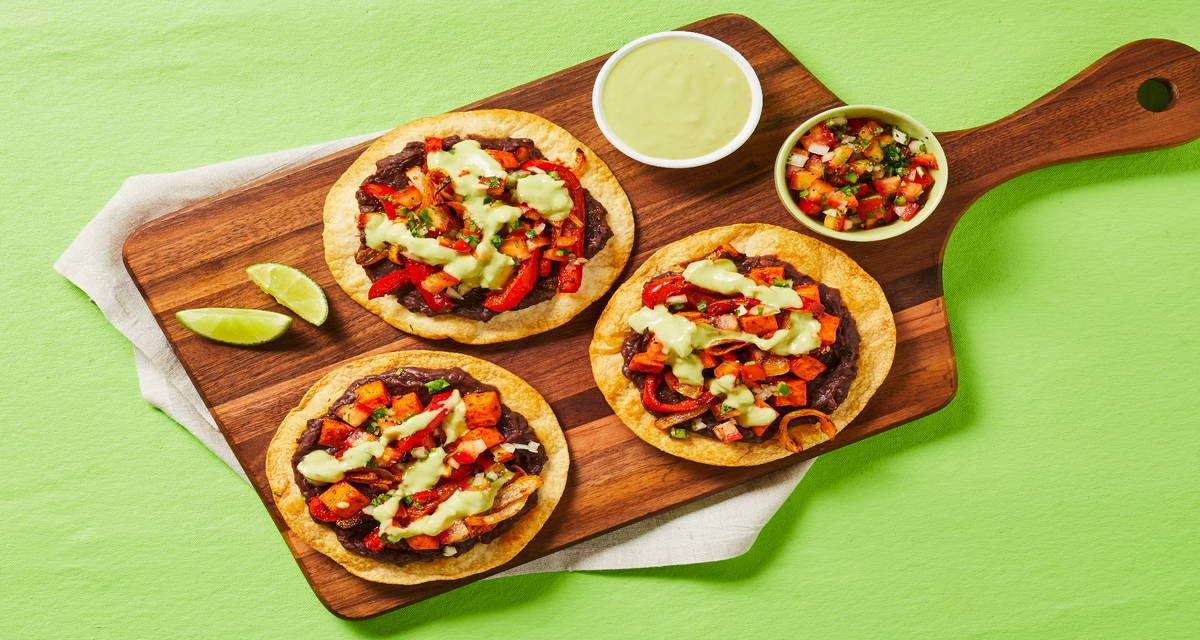 Vegan Sweet Potato & Black Bean Tostadas with Bell Pepper, Salsa & Creamy Guacamole