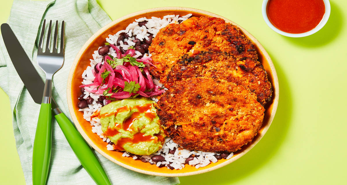 Vegan Sweet Potato Cakes with Lime-Pickled Onion, Guacamole, Rice & Beans