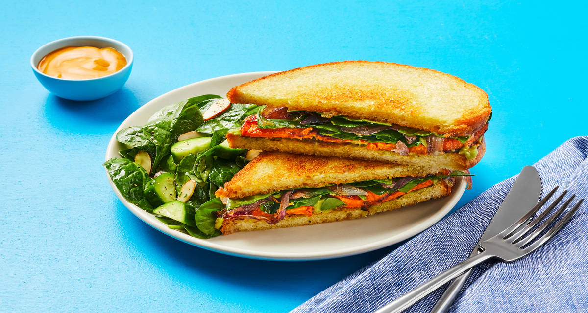 Vegan Sweet Potato & Onion Sandos with Guacamole plus a Cucumber & Spinach Salad