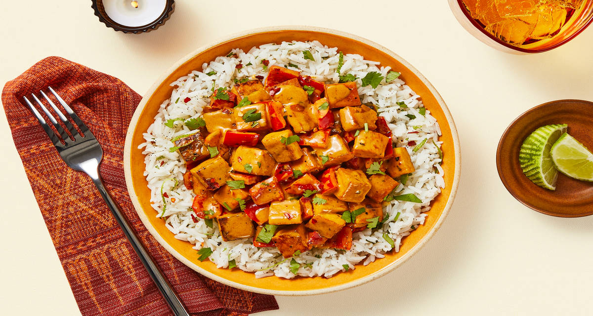 Vegan Thai Coconut Curry Tofu with Bell Pepper & Cilantro Lime Rice