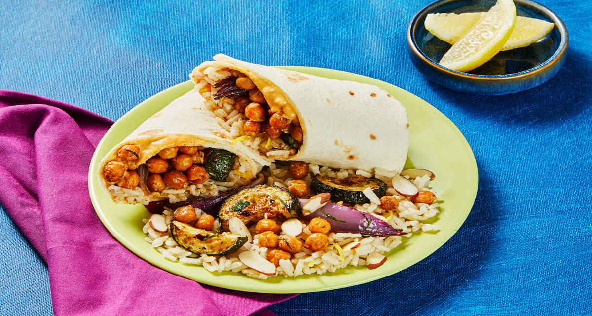 Vegan Turkish-Spiced Chickpea Wraps with Zucchini, Red Onion, Zesty Rice & Lemony Hummus