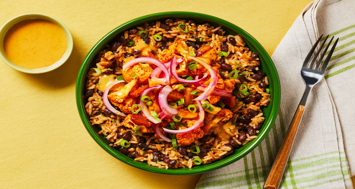 Yucatan-Style Turkey & Cauliflower Bowls with Spiced Black Beans & Chipotle Pineapple Mayo