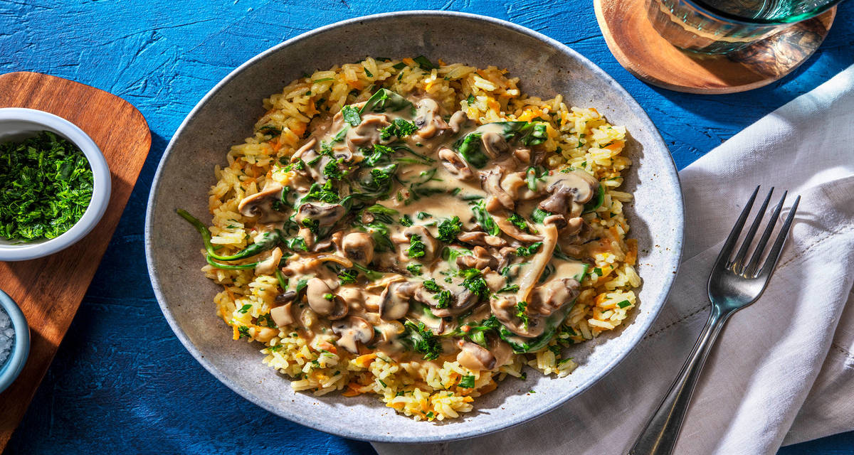 Veganes Pilz-Stroganoff mit Austernpilzen und Spinat