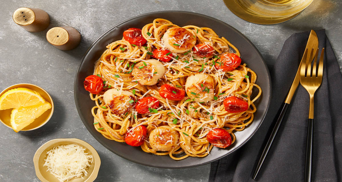 Venetian Scallop Spaghetti in a Creamy Burst Tomato Sauce with Parsley & Chives