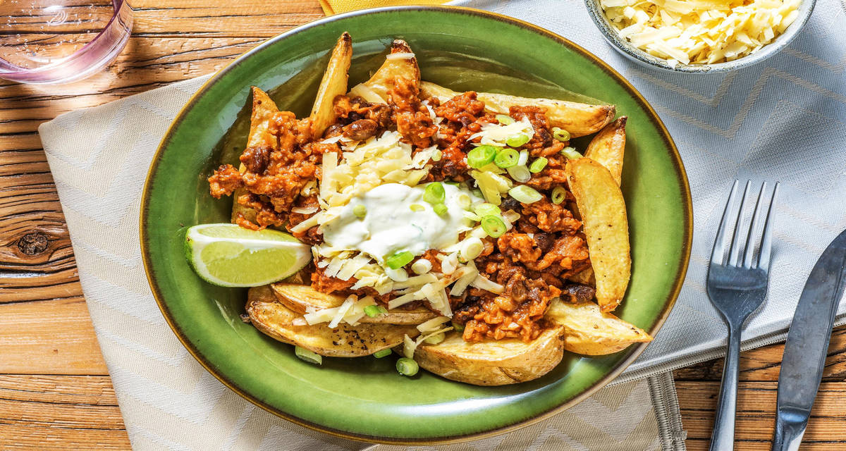 Loaded Potato Wedges topped with Plant Based Mince Recipe HelloFresh