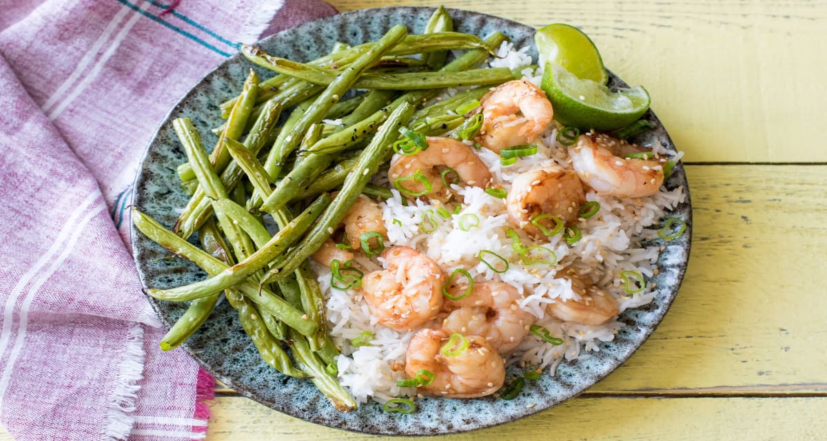 Sesame Shrimp with Ginger Scallion Rice and Crispy Green Beans-image