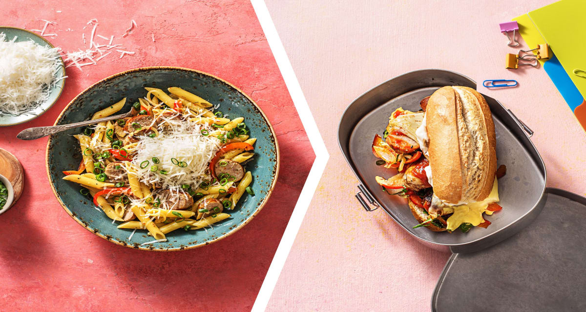 Sausage Pepper Pasta for Dinner with Sausage Sub Sandwiches for Lunch-image