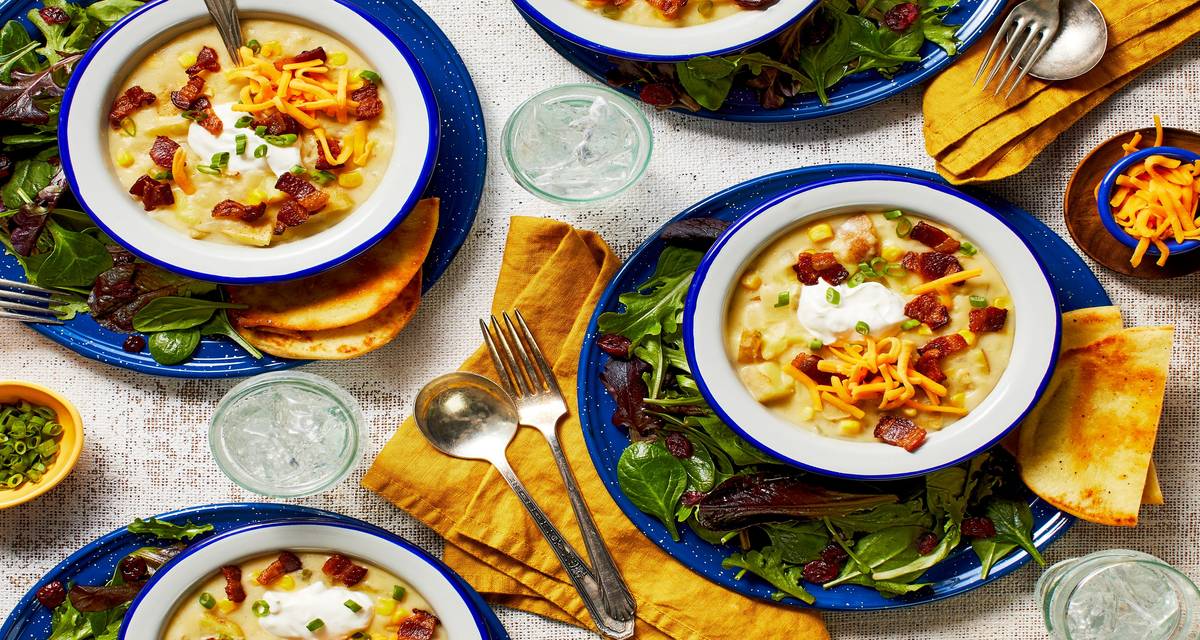 Creamy Corn and Bacon Chowder with a Lemony Salad and Naan Toasts