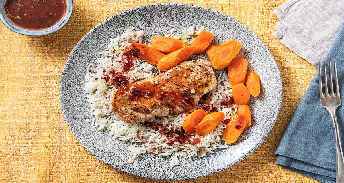 Cranberry Pork Chops with Herbed Rice and Orange-Glazed Carrots